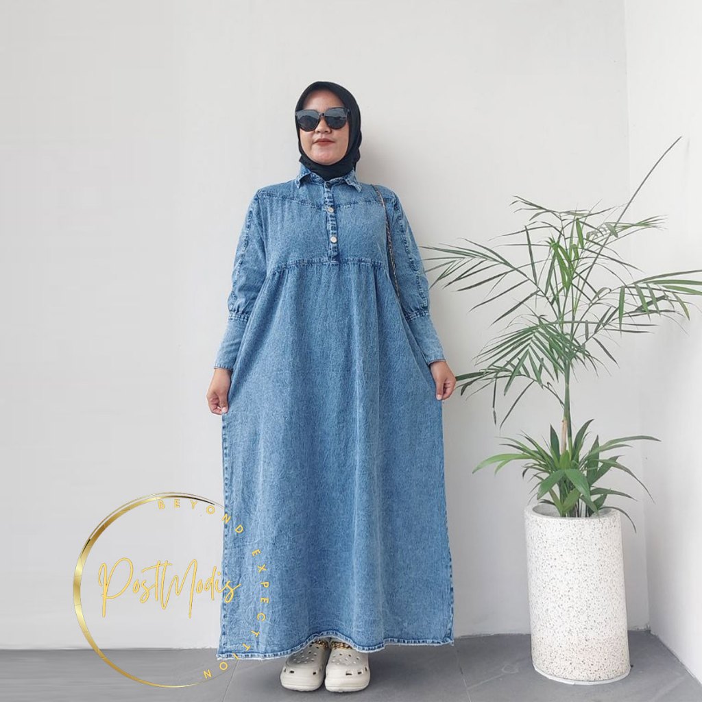 SYAHRINI GAMIS JEANS DRESS BAJU WANITA MUSLIM MODERN KEKINIAN TERBARU KONDANGAN LEBARAN REMAJA BR