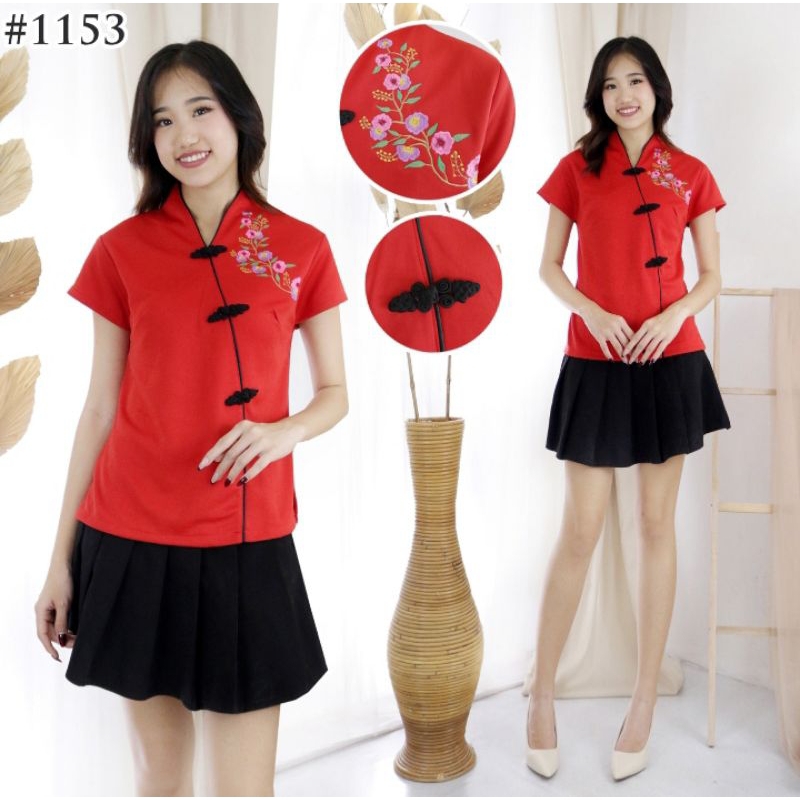 Blouse Wanita Shanghai Motif Bunga Sakura Bahan Scuba