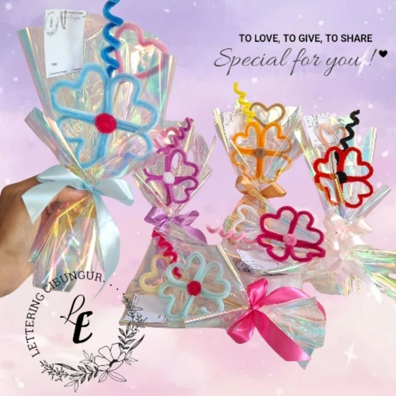 buket bunga kawat bulu wrapping hologram