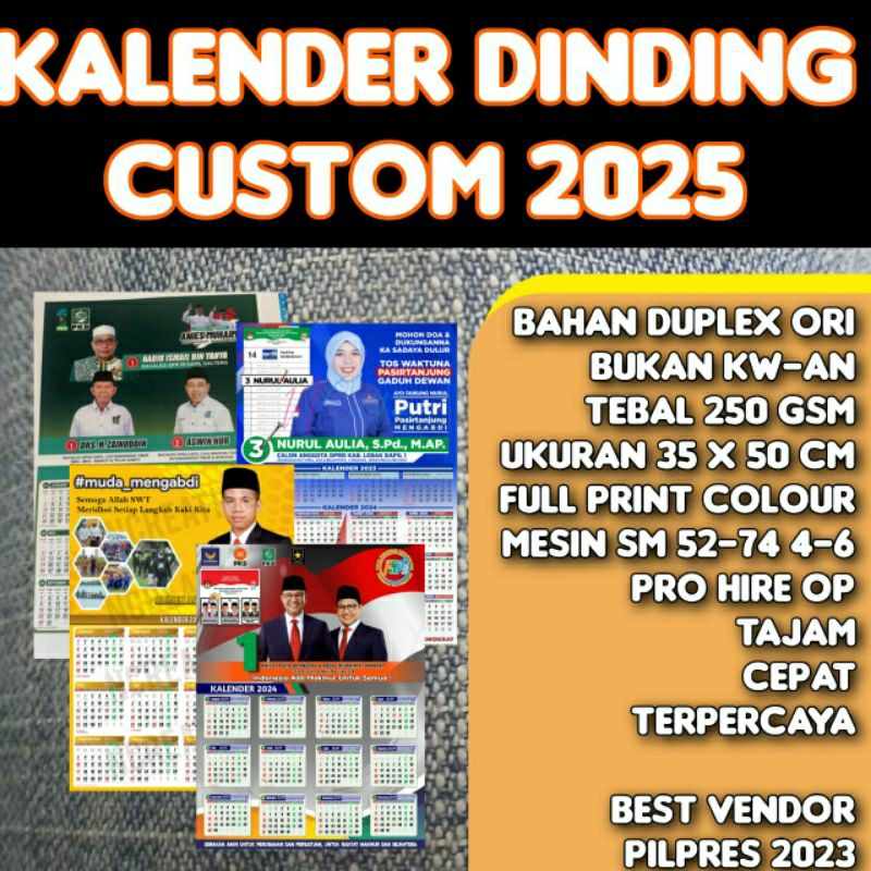 

5000 PCS CETAK KALENDER DINDING CUSTOM PARTAI/ PT /PRIBADI 2025 DUPLEX 250GSM TANPA GANTUNGAN MURAH BANDUNG PERCETAKAN LANGSUNG