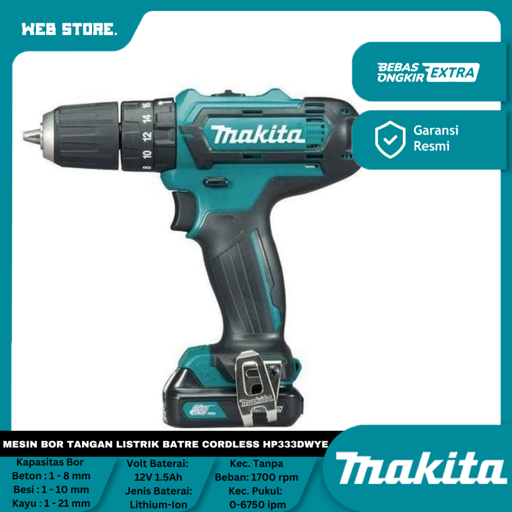 Mesin Bor Beton Tangan Listrik Batre Cordless HP333DWYE Makita