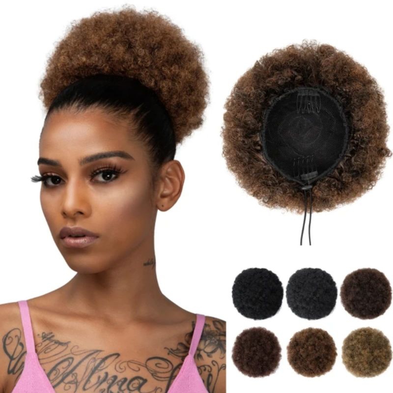 Sanggul Kribo Afrika Cepol Kribo Rambut Puff Afro Sintetis Sanggul Pendek Keriting