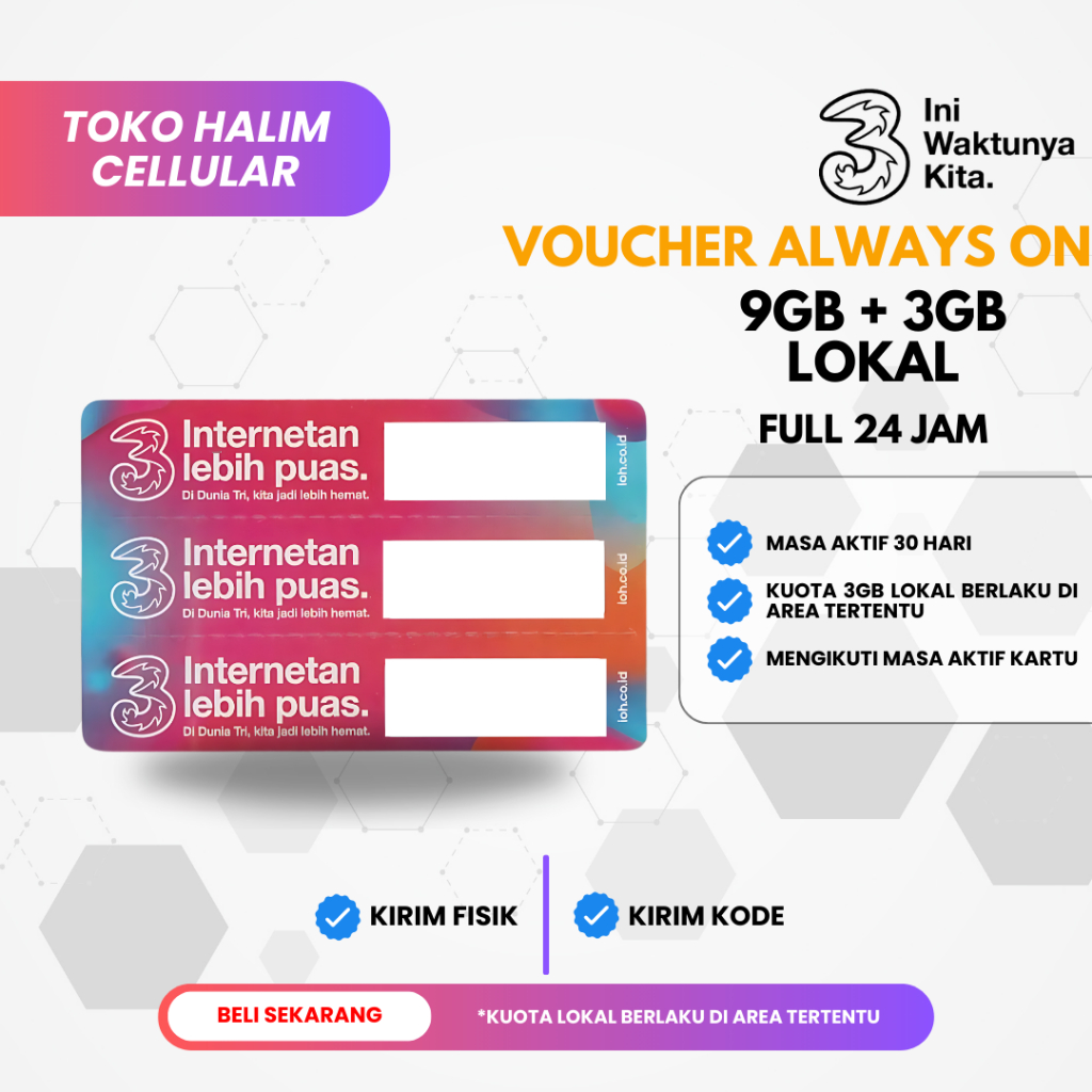 Voucher TRI AON 9GB 30 hari