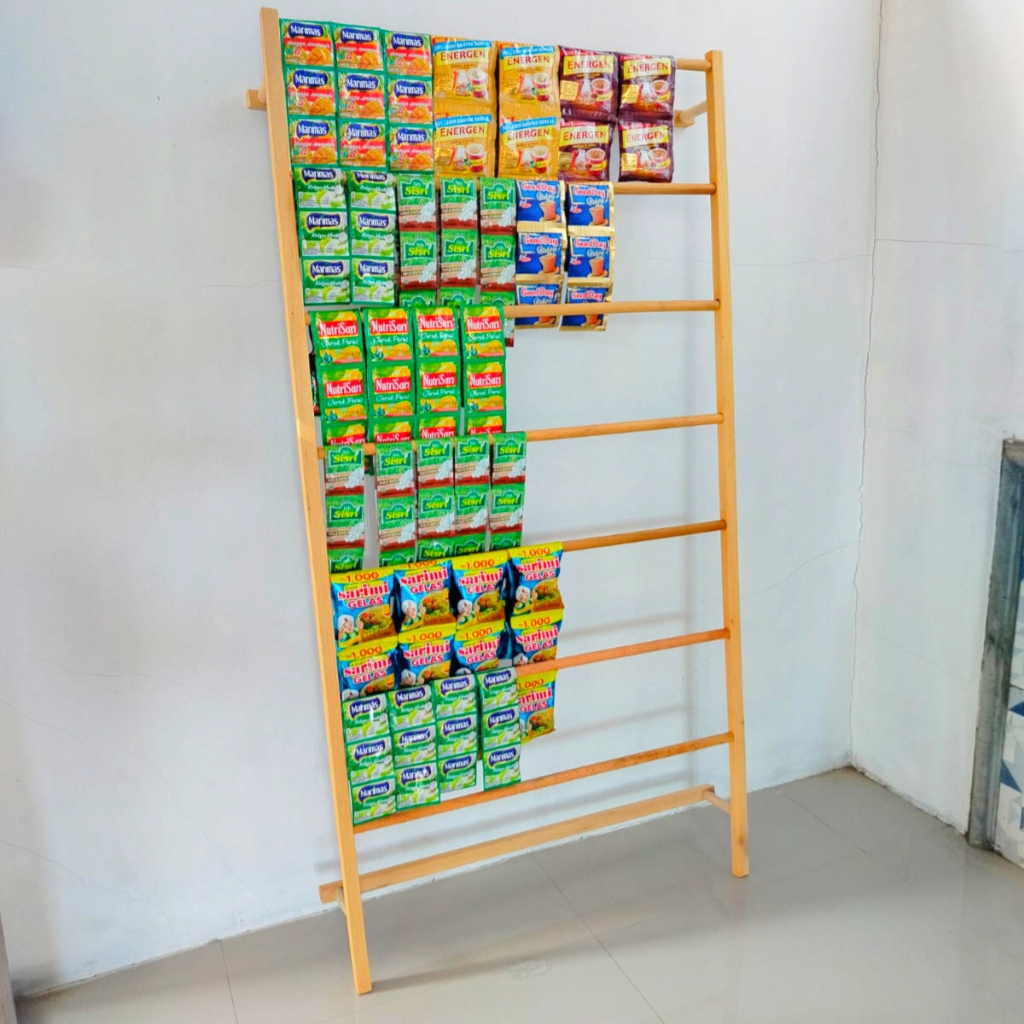 Ay00 Stand Display Dagangan Warung Tangga Berdiri Rak Gantungan Barang Dagangan Rak Kayu Serbaguna