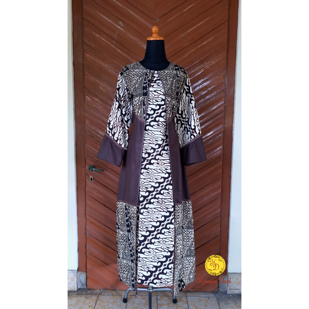 Gamis Batik Cap Sogan Kombinasi Polos Cokelat