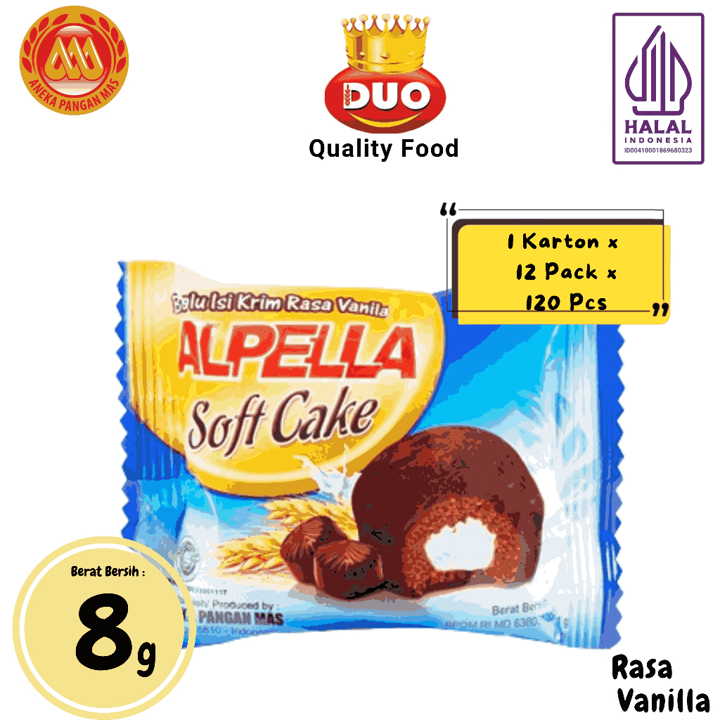 

DUO Alpella Soft Cake Bolu mini Cokelat Soft Cake Vanilla (1 Karton x 12 Pack X 10 Pcs) - Netto 8gr Snack Cemilan Anak Murah