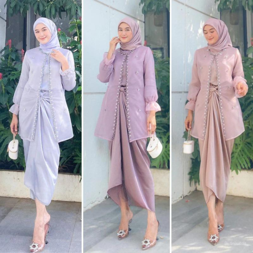 TERBARU - Jemma Dress Kondangan Gamis Kekinian Set Satin Maxmara Outer Organza Rok Lilit Wanita Prem