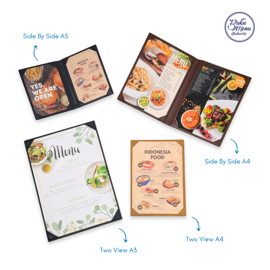 

Buku menu kulit coklat muda, coklat tua, hitam - cafe series model side by side dan two view - ukuran A5, A4, A3 untuk Restoran Hotel Cafe