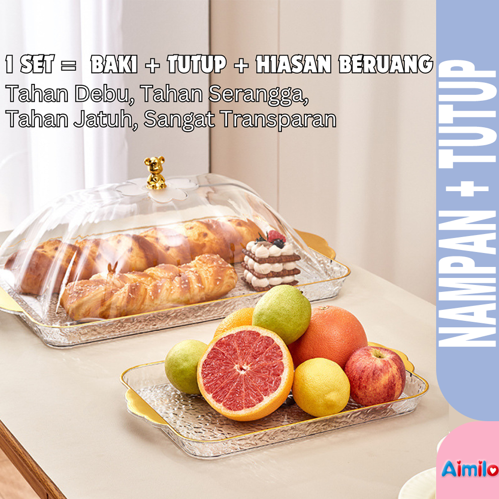 Set Nampan dan Tutup Roti Emas Aesthetic - Wadah Saji Kotak Roti dan Kue Tempat Penyimpanan Roti Tem