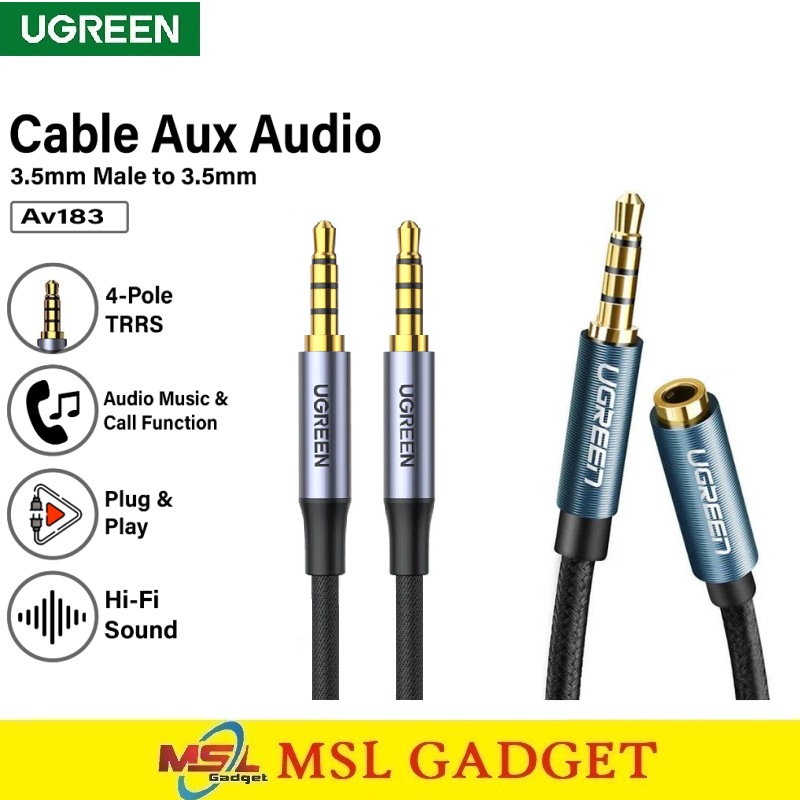 UGREEN Kabel Audio Aux Jack 3.5mm to 3.5mm Male Female TRRS 4 Pole Support Mic Mikrofon