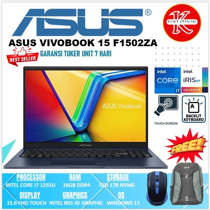 Laptop Kerja Asus Vivobook 15 F1502ZA Intel Core i7 Gen12 16GB 1TB Touchscreen Blue