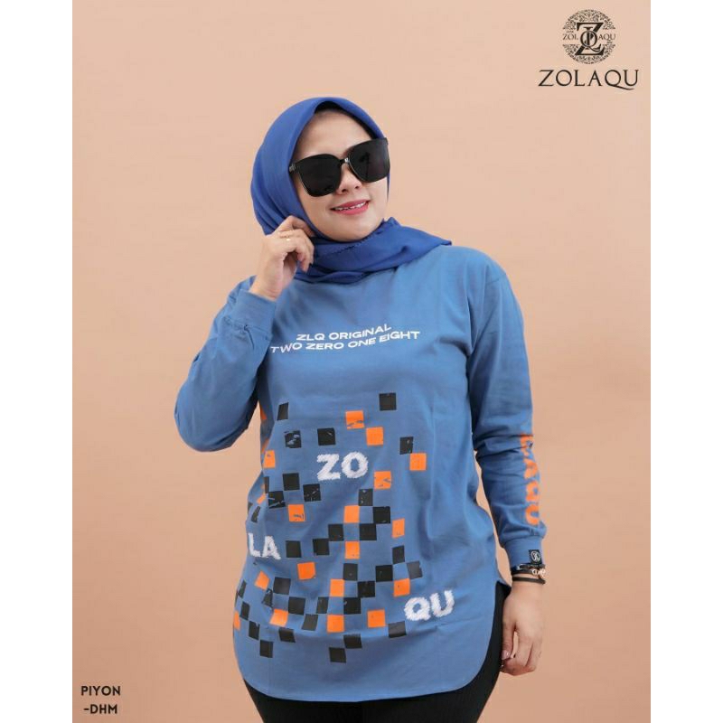 BAJU ATASAN KAOS DISTRO ZOLAQU POLOS SEMITUNIK BIRU PIYON TEBAL ZLQ WANITA LENGAN PANJANG KOMBINASI 