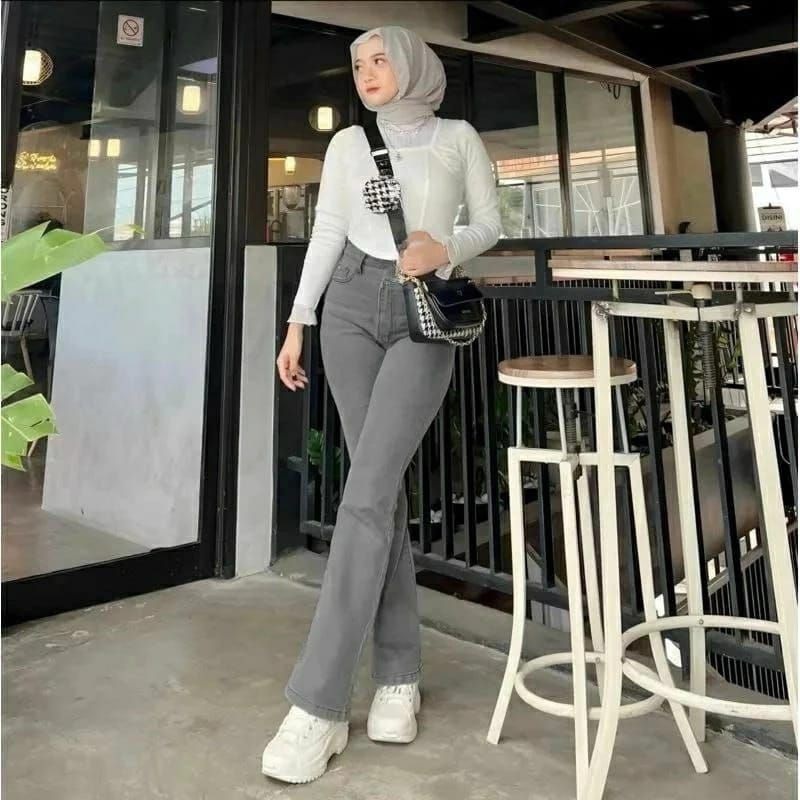 celana cutbray jeans wanita biru muda jeans skinny HW jeans berpinggang tinggi fashion