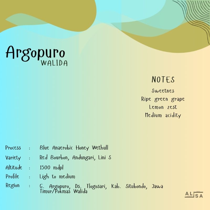 

Kopi Single Origin Arabika Argopuro Walida Blue anaerob - Roasted Bean - wholebean