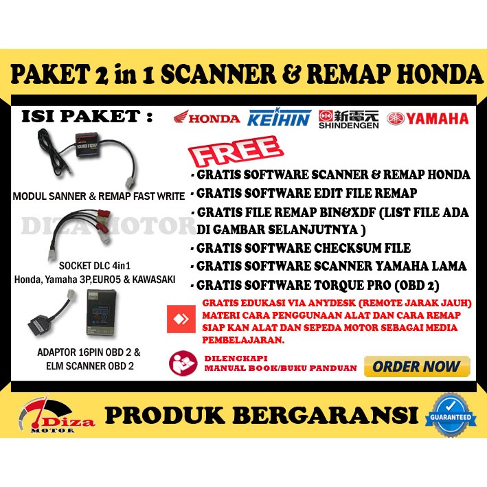Paket MURAH Alat Scanner/Remap/Flasher Sepeda Motor Honda Fi/Injeksi OBD1, OBD 2, EURO 5 Versi Lapto