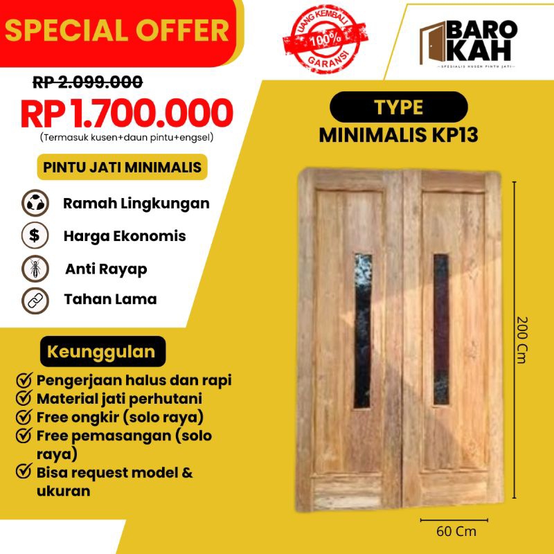 Pintu kupu tarung Jati Fullset(kusen+pintu) TYPE Minimalis KT013 || 120×200 Cm