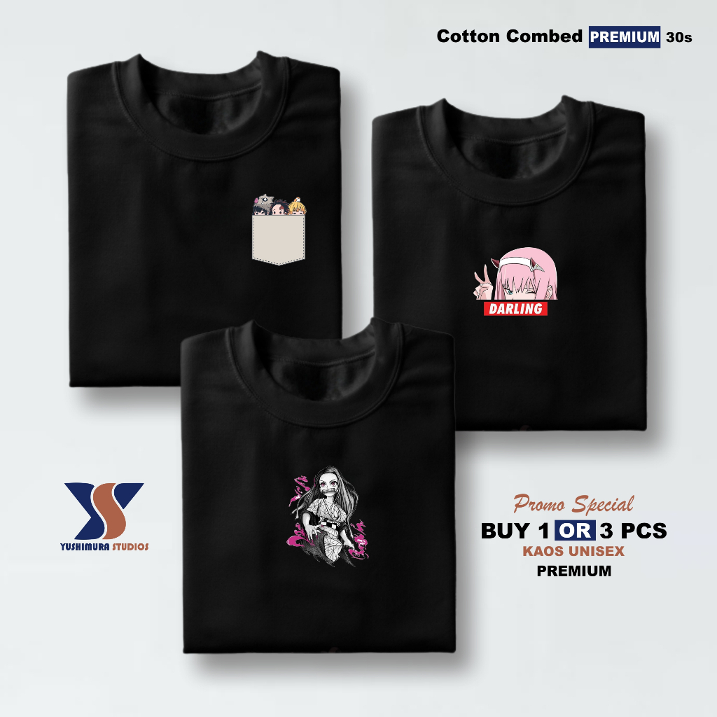 Yushimura Buy 1 Get 3 Pcs Baju Kaos Pria Distro Cotton Combed 30s Premium Tshirt Anime Demon Slayer
