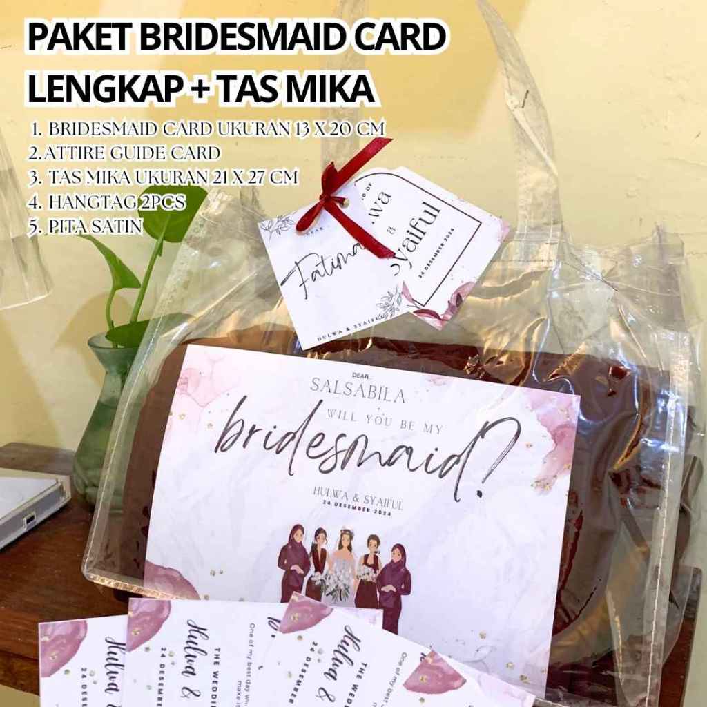 

Paket lengkap TAS MIKA BRIDESMAID CARD, HANGTAG, ATTIRE CARD, TALI RAMI, TALI SATIN WEDDING