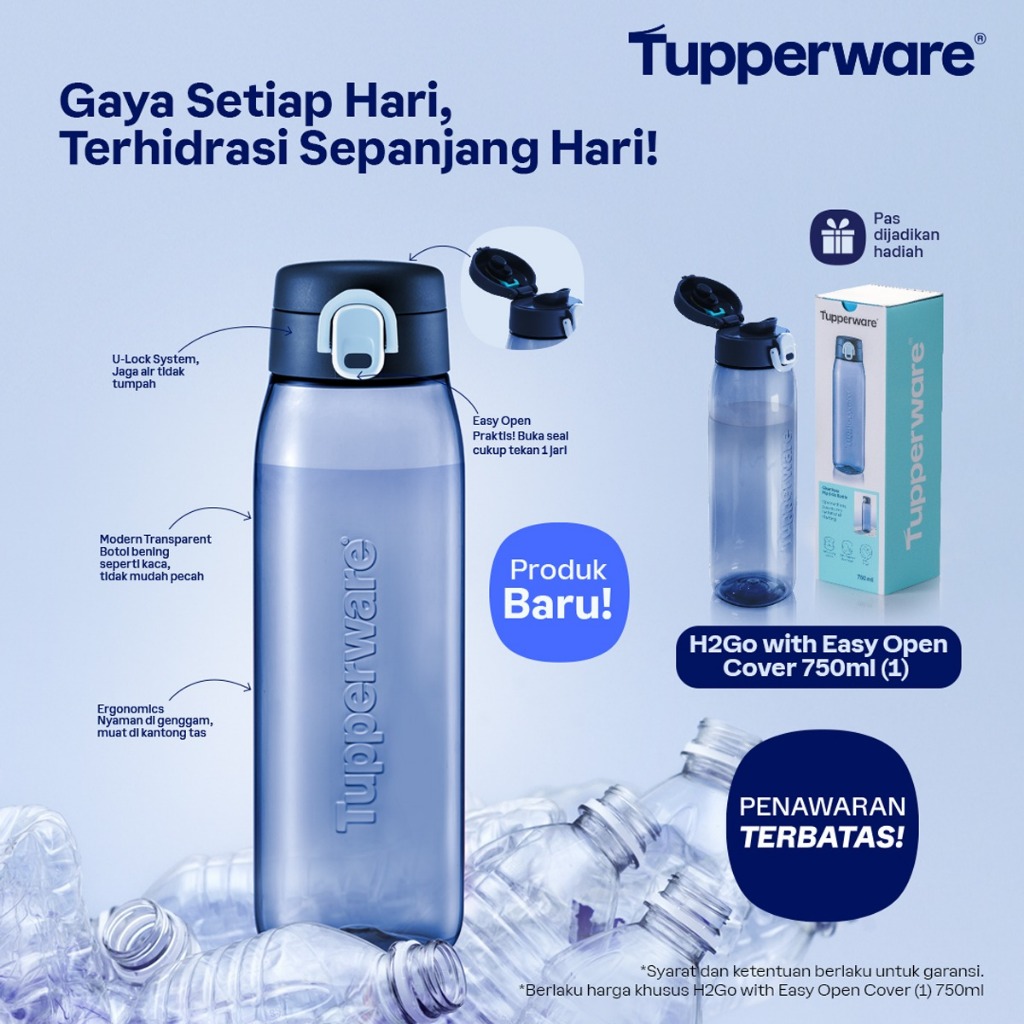 H2GO 750 ml NO STRAW / Botol Minum Tupperware Original Termurah