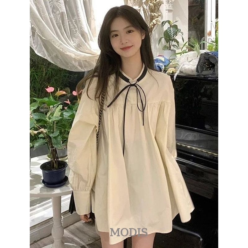 MODIS Gaun Wanita Putih Oversize Lengan Panjang Kerah Pita Elegan Casual Dress