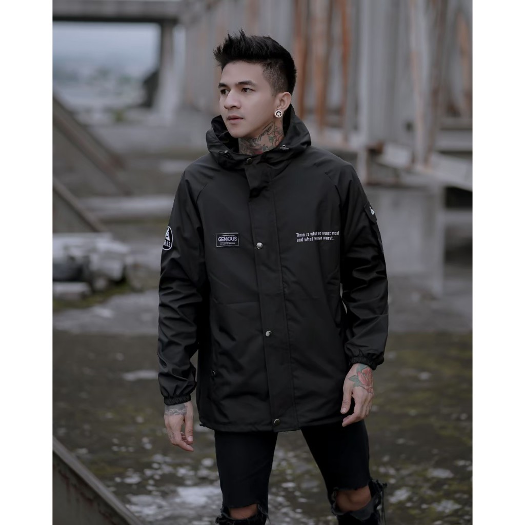 Genious Jaket Parasut Pria Hitam Polos - Jaket Pria Keren Premium