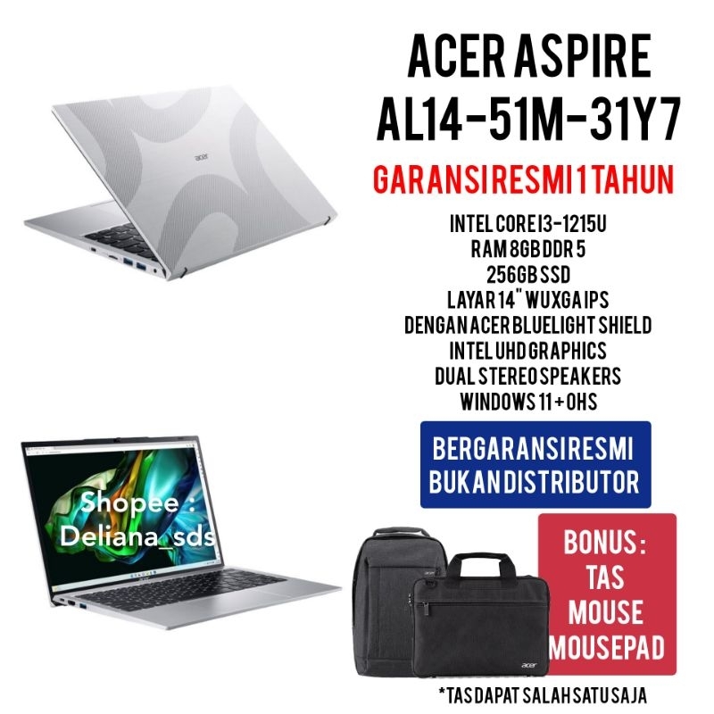 Laptop Acer AL14-51M -31Y7 Intel Core i3 1215U 8GB/256GB SSD 14" WUXGA IPS Garansi Resmi 1 Tahun Lap