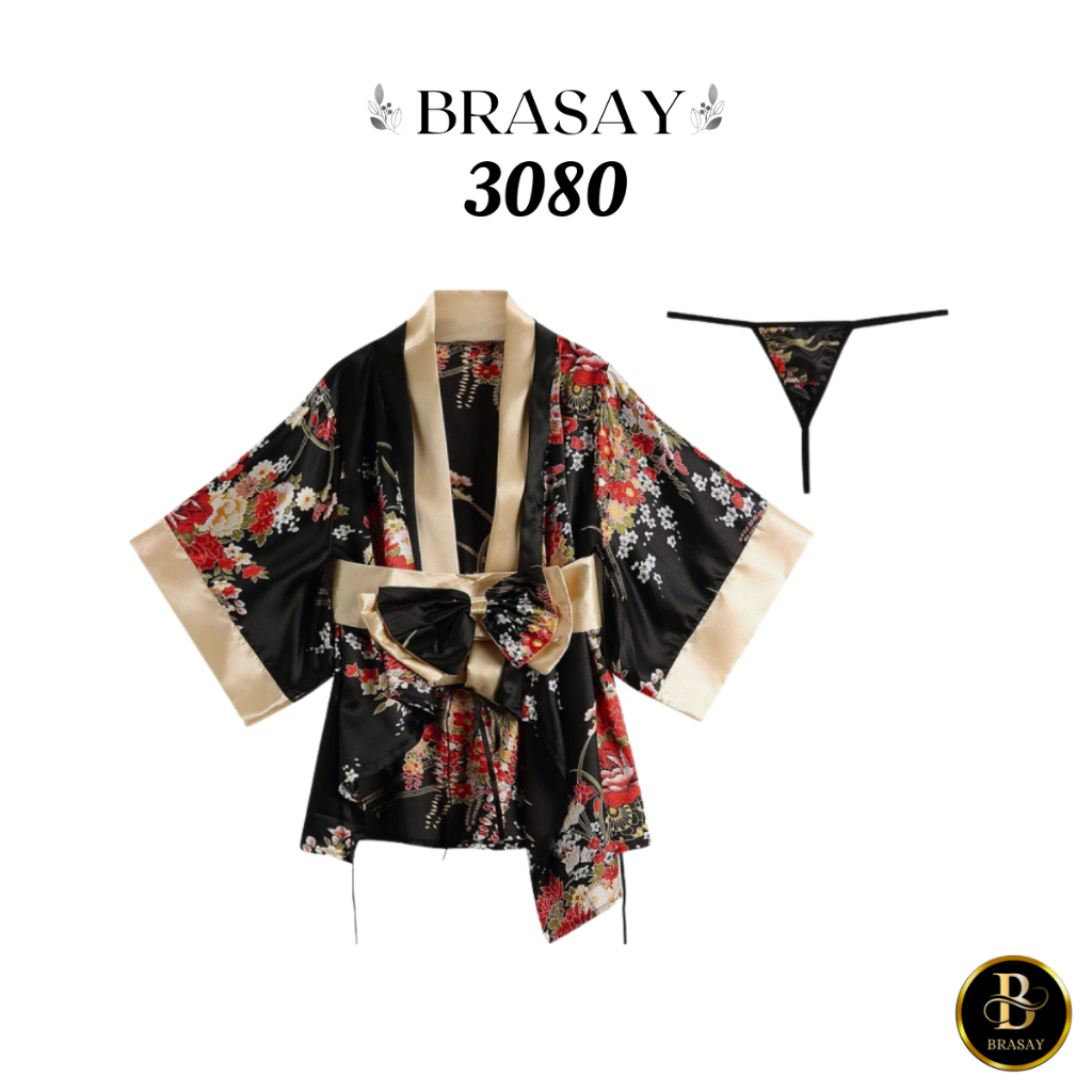 Brasay Kimono Jepang Cosplay Lingerie Bahan Satin Motif Bunga 3080