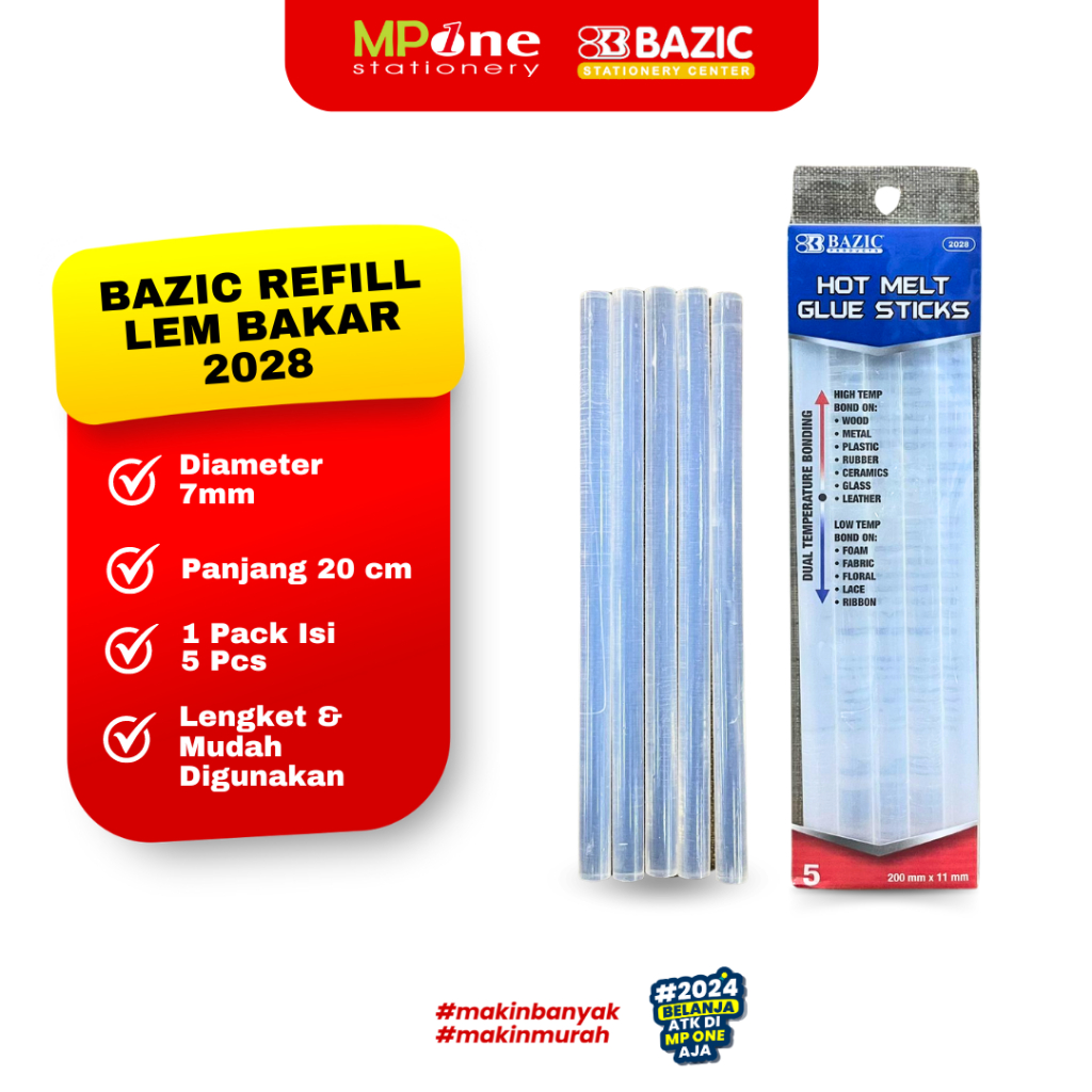 

(1 PACK) Bazic Refill Lem Bakar 2028 / Hot Melt Glue Sticks Isi Ulang Lem Bakar Isi 5 Pcs