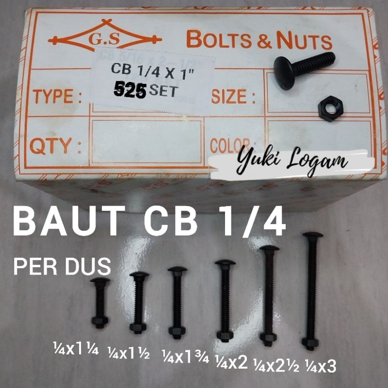 1 Dus Baut Mur CB 1/4 baut mur kunci 10 baut bak truk baut pagar baut payung baut carriage ukuran pa