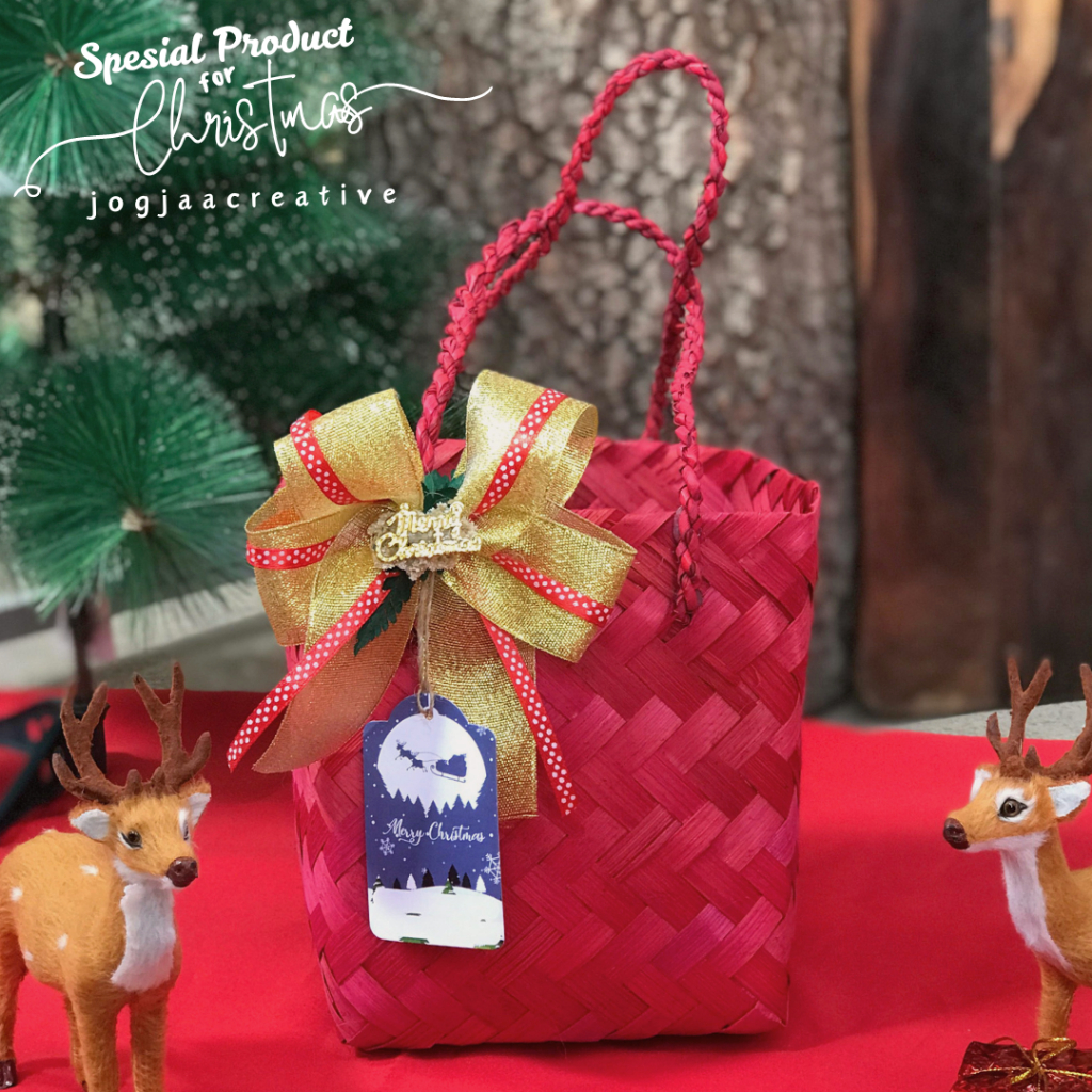 

[CHRISTMAS EDITION] TAS BESEK 15 X 15 CM WARNA HIAS PITA NATAL/ tas bambu tas jinjing hampers natal tas murah tas unik tas hampers bingkisan murah