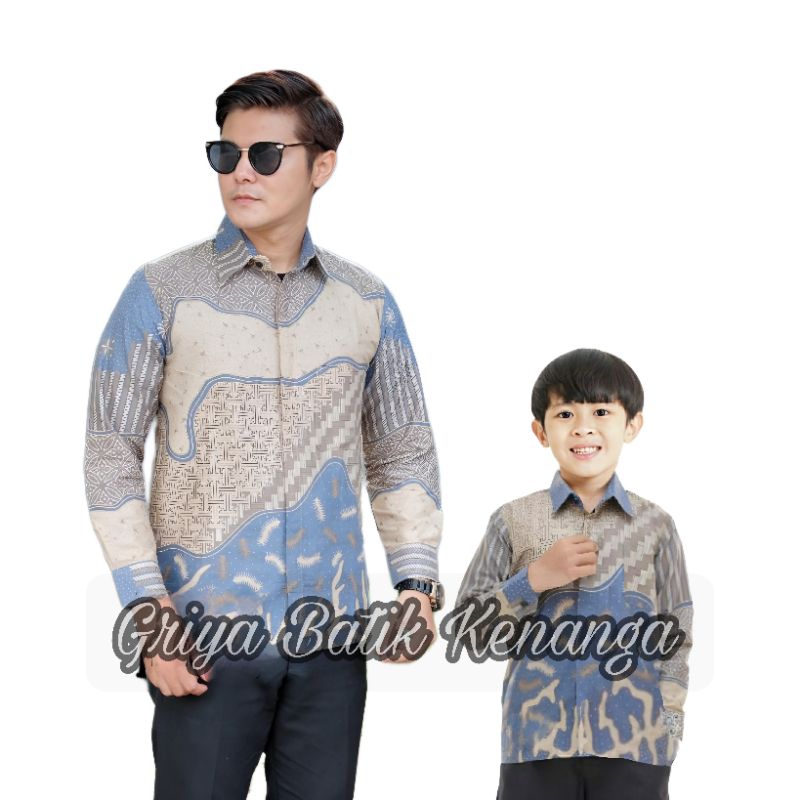 Kemeja Batik Anak Laki-Laki Lengan Panjang Batik Ayah dan Anak Cowok warna Biru Muda Langit Pastel S