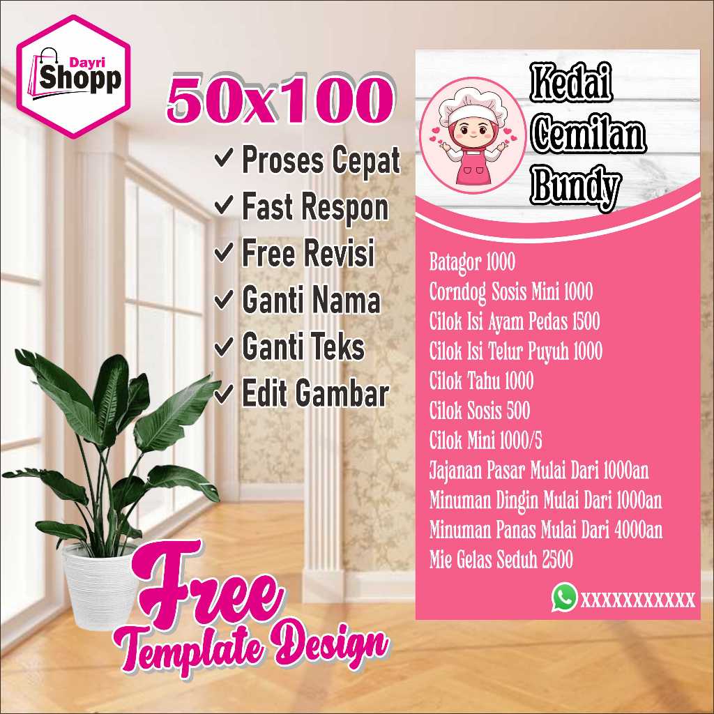 Size 50x100 Cm,Spanduk Banner Menu Cantik Kedai Terbaru Aesthetic Custom Design