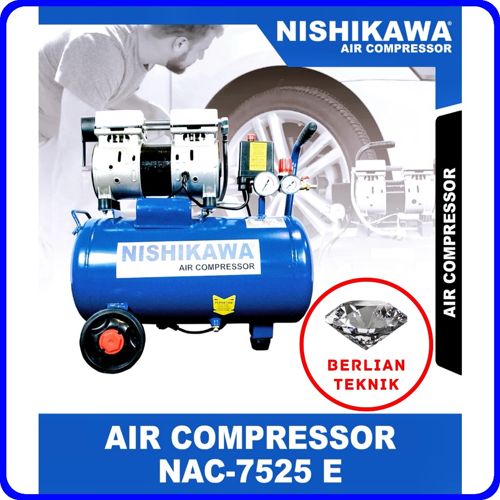 Air Compressor Oil Less Nishikawa NDD 7525 E Kompresor Angin Tanpa Oli 24 Liter Dual Valve