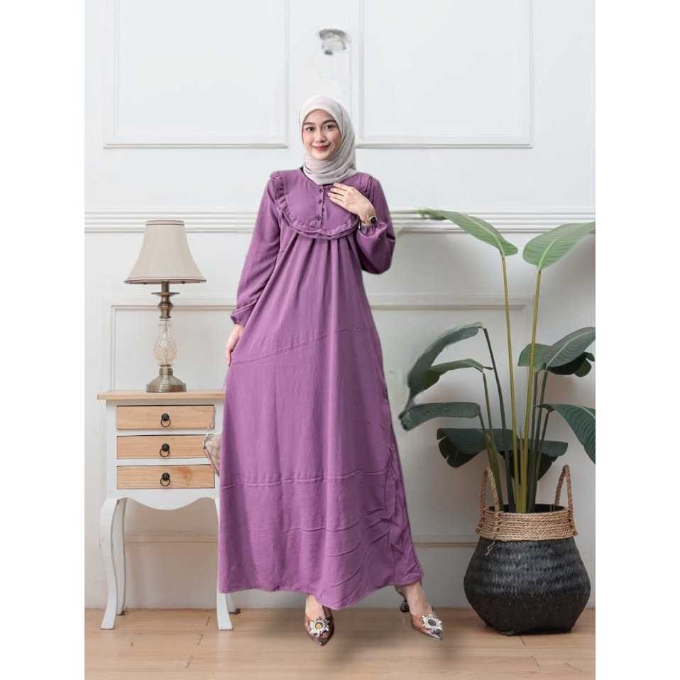 Gamis Inara Polos Cringkel Airflow Model Kancing Depan Dada Rempel Bahan Crinkle Premium