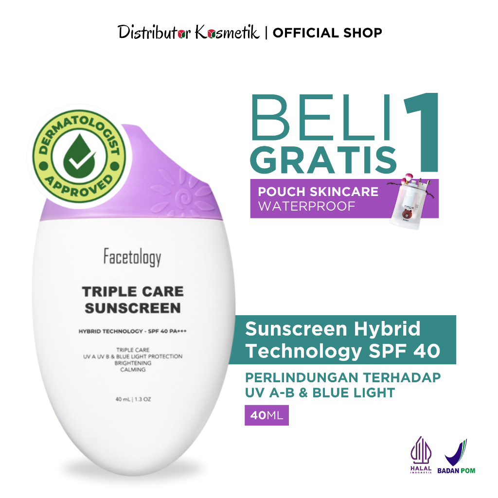 [ READY STOCK ] Facetology Triple Care Sunscreen SPF 40 PA+++ | Sanscreen Pelembab Wajah Tasya Faras