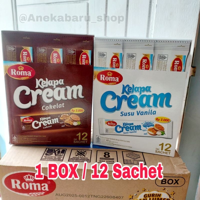 

( 1 BOX / 12 SACHET ) ROMA BOSKUIT KELAPA CREAM COKLAT & VANILLA