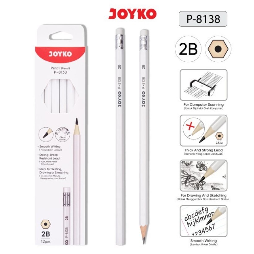 

PENSIL 2B JOYKO PUTIH P 8138 / PENSIL KAYU PENGHAPUS (12pc)