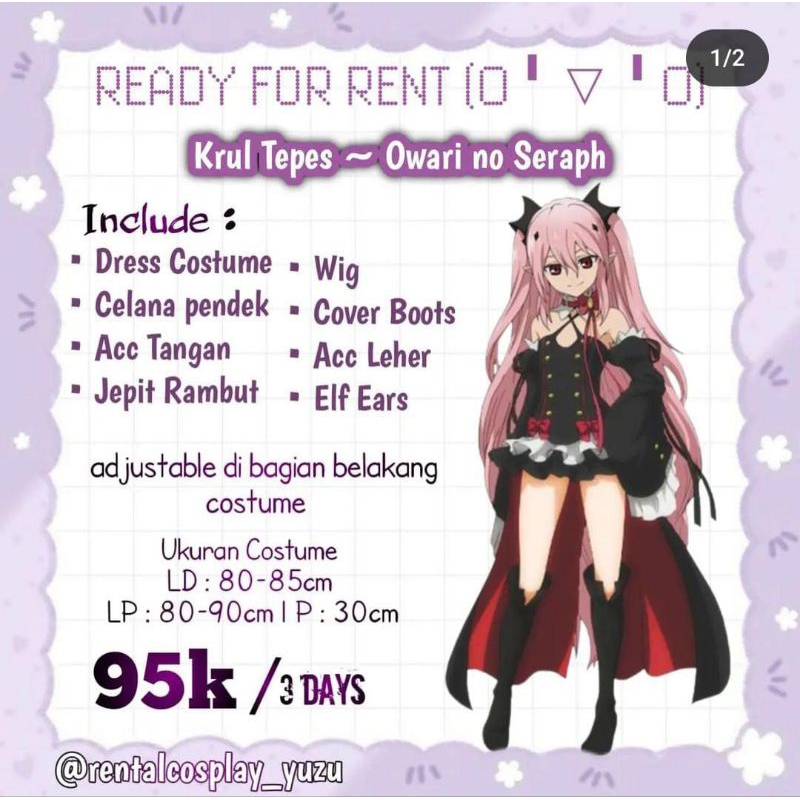 RENTAL/SEWA ONLY KRUL TEPES OWARI NO SERAPH SEWA KOSTUM COSTUME COSTUM COSPLAY ANIME