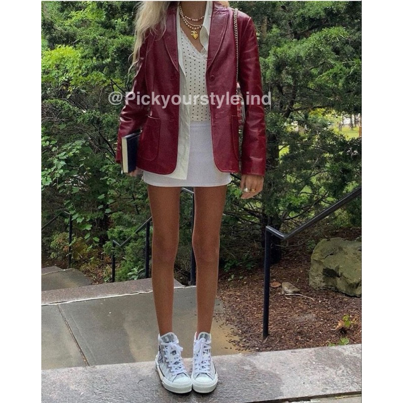 jaket kulit jas merah Maroon jaket kulit maroon Red Leather Jacket Maroon Red Leather Blazer merah j