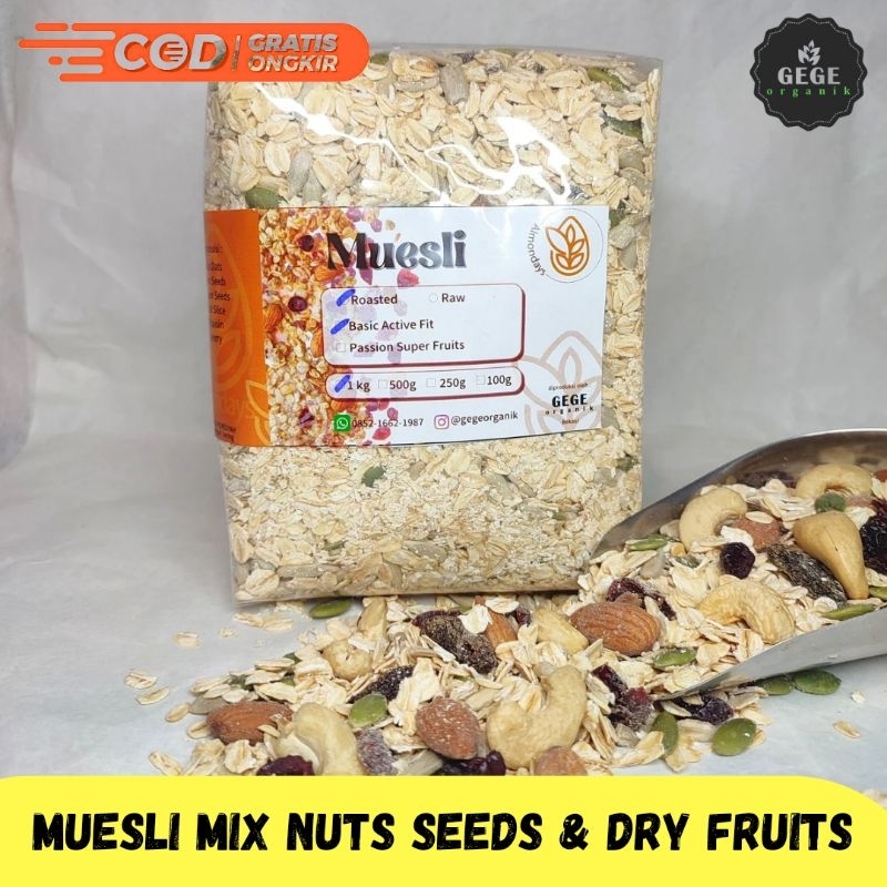 

Muesli Nuts Seeds Dry Fruits Oat Almond Mete Biji Labu Bunga Matahari Kranberi Kismis Raisin Cranberry Pumpkin Sunflower Seed Cashew Mede