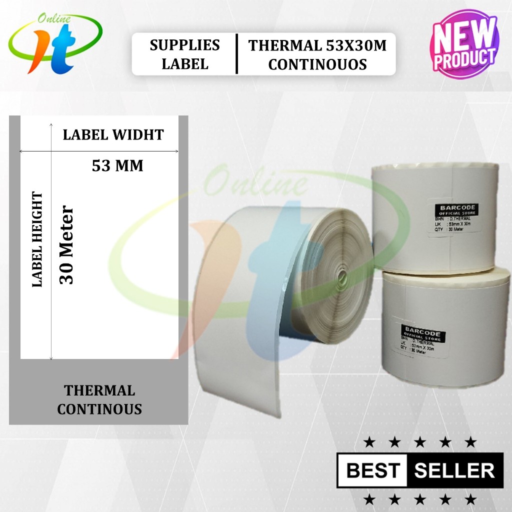 

Kertas Sticker Label Thermal 58x30 53x30 Meter Continouos Printer Bluetooth 58mm Resi Pengiriman