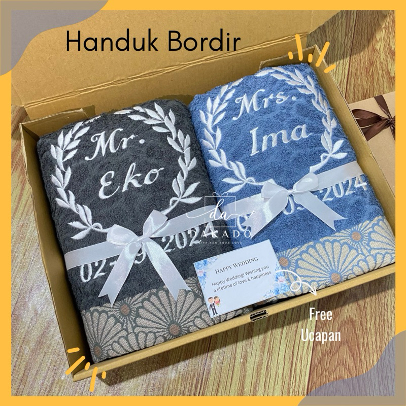 HANDUK SESERAHAN BORDIR NAMA COUPLE / KADO WEDDING HANDUK JUMBO BORDIR NAMA COUPLE