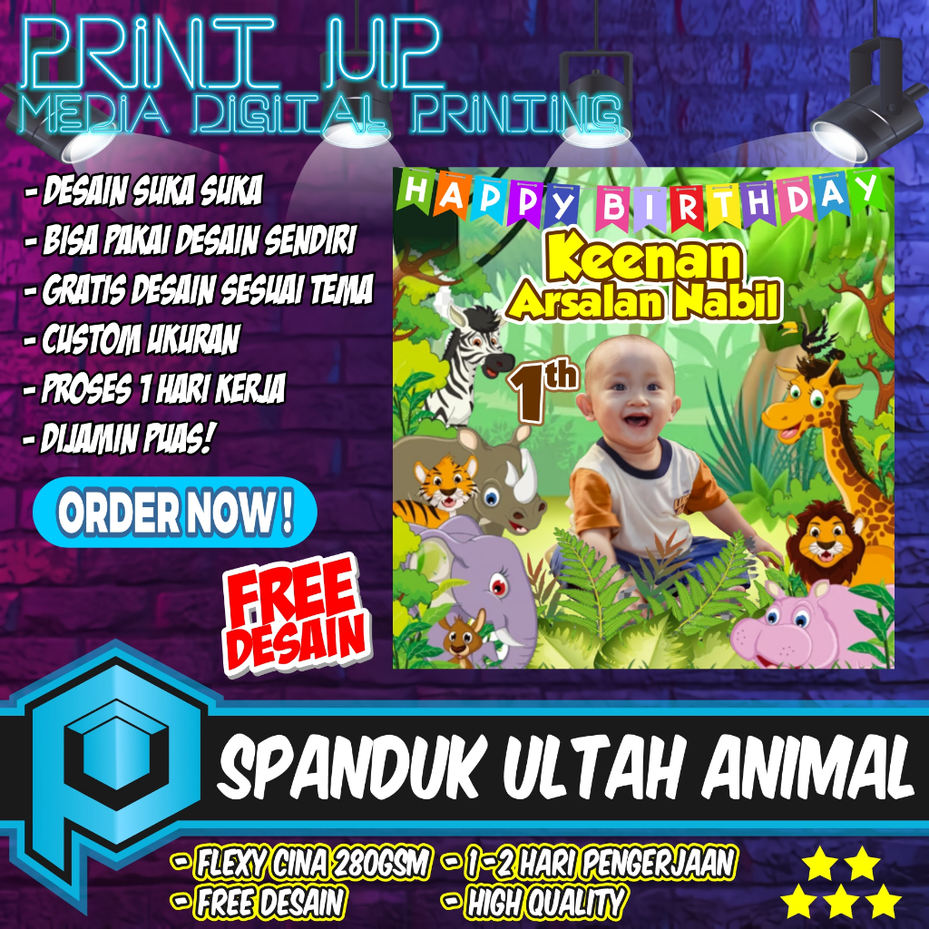 BANNER SPANDUK ULANG TAHUN ANAK TEMA ANIMAL HEWAN KEBUN BINATANG / SPANDUK ULTAH ANIMAL