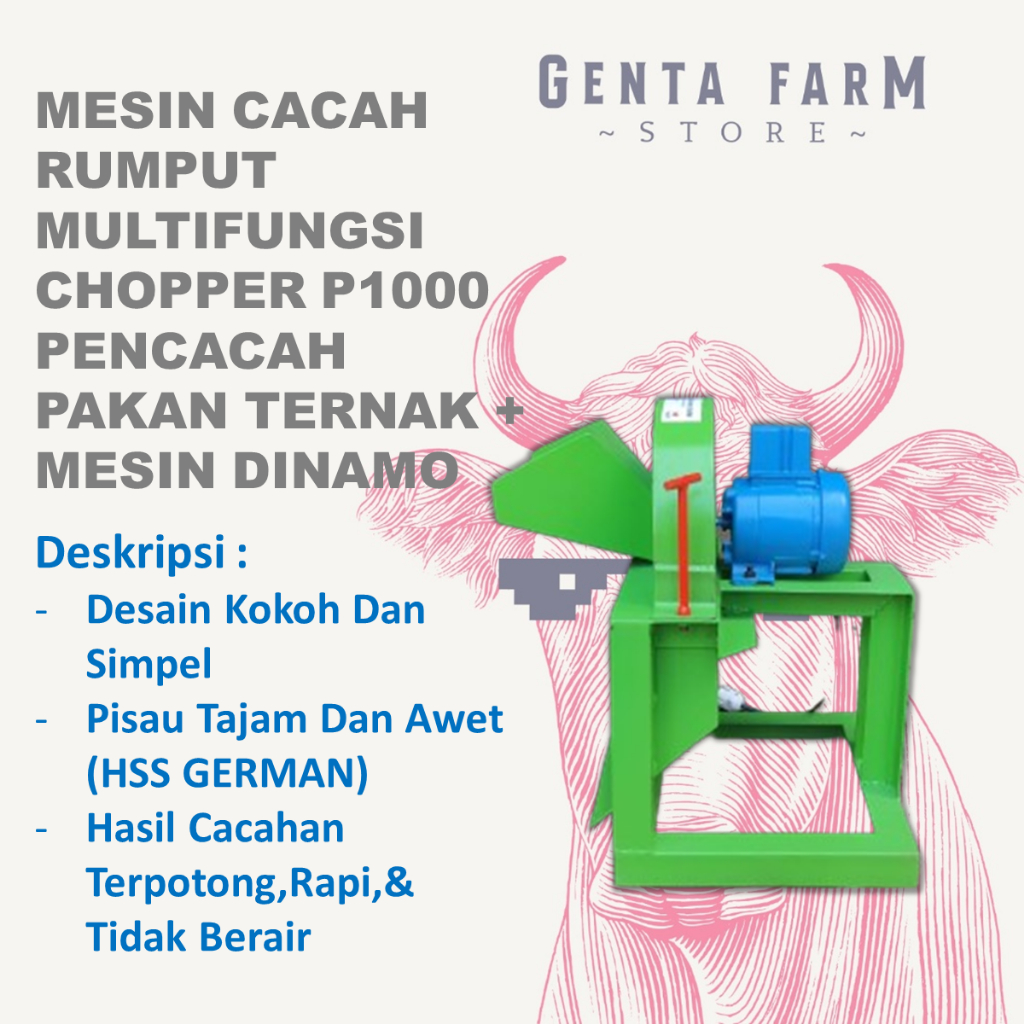 Mesin Cacah Rumput Multifungsi Chopper P1000 Pencacah Pakan Ternak Kambing Domba Sapi + Mesin Dinamo