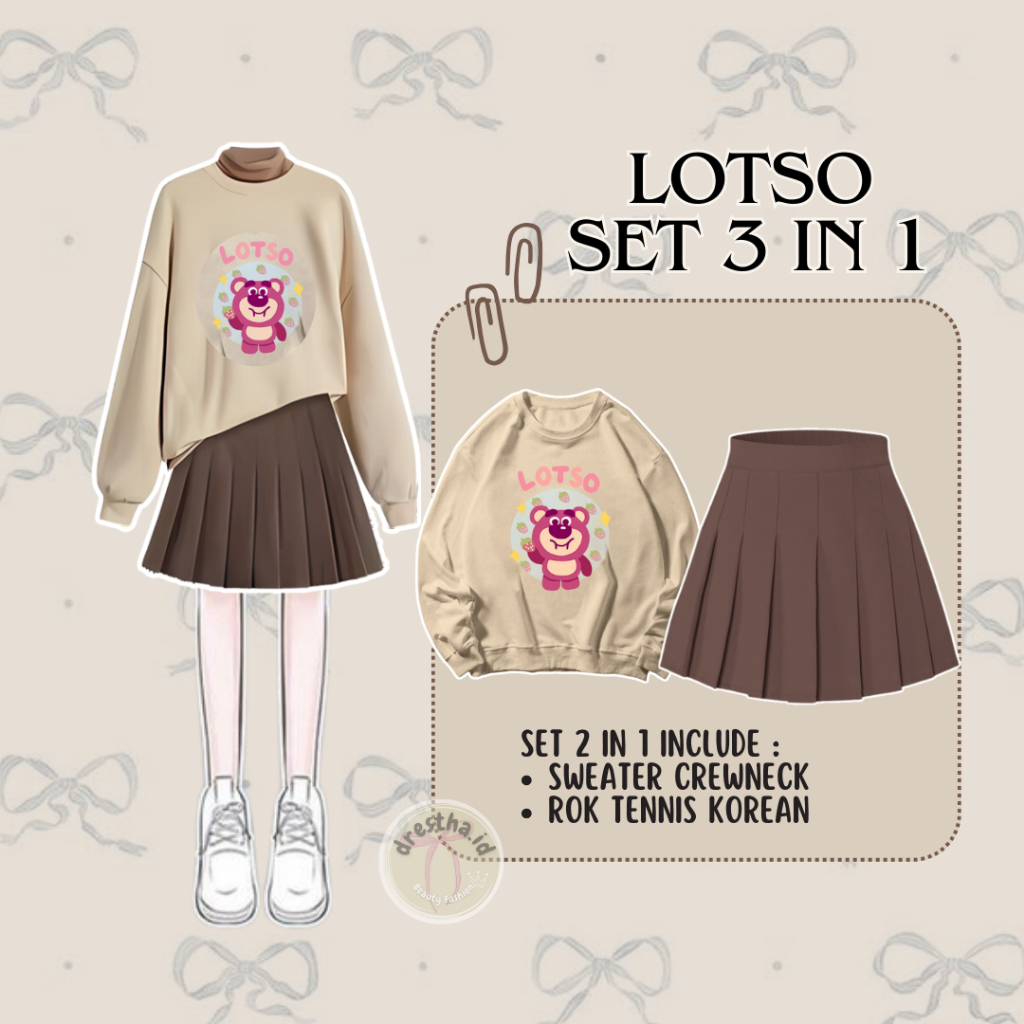 One Set Lotso 2IN1 Wanita Crewneck dan Rok Tennis Korean Style OOTD Setelan Terbaru Modis Ala Kpop D