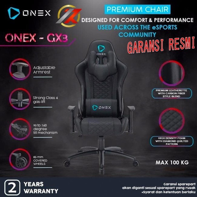 KURSI GAMING ONEX GX3 - BLACK Premium Quality Gaming Chair Kursi - Hitam