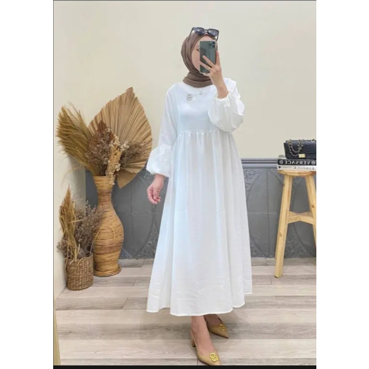 Midi Dress Putih Crinkle Airflow Terbaru Anya Midi Gamis Wanita Remaja Dewasa Simple Elegan