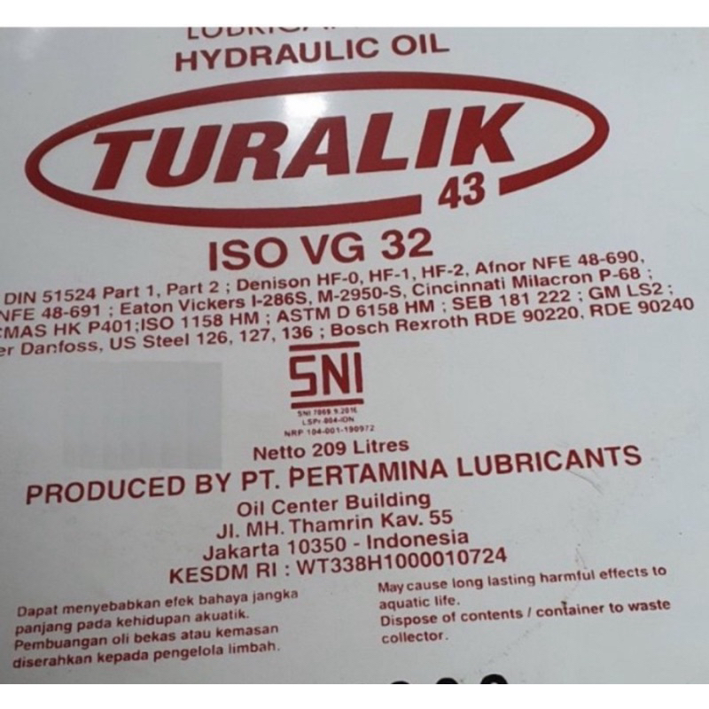 OLI DRUM 209 Liter TURALIK 43 ISO VG 32 PERTAMINA OLI MESIN HIDROLIK INDUSTRI