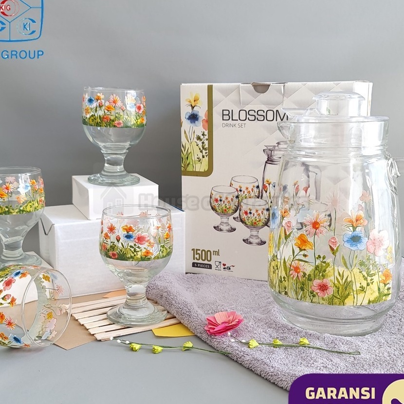 berkualitas K 1 SET Drink Teko Cangkir Set BLOSSOM Pitcher Set Beling Jug Drink Set 4 Gelas Gagang  