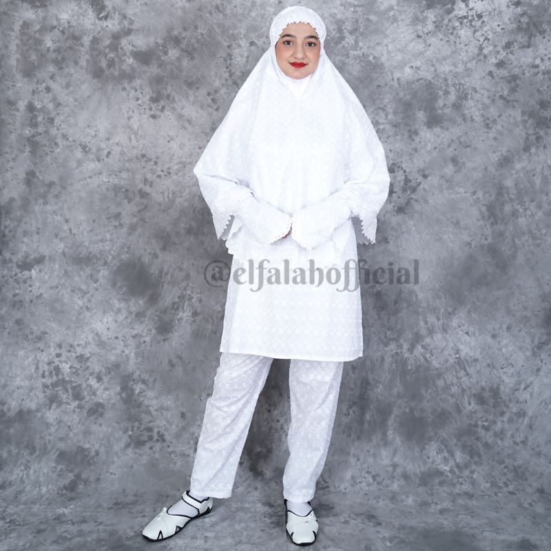 Baju Umroh Wanita Setelan Lengkap Bahan Katun Bordir Putih Premium